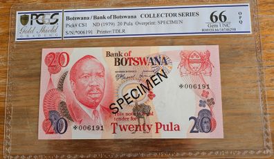 Botswana 1979 20 Pula Specimen PCGS GEM UNC 66 OPQ