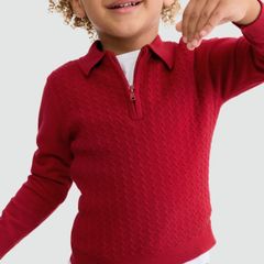 F and F Boys Cable Knit Half Zip Polo in Red