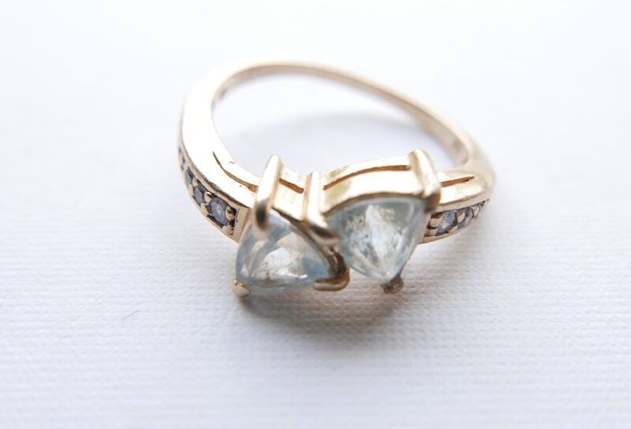 Vintage Solid 14k Gold Aquamarines And Diamonds Ring Size O - 3,35g