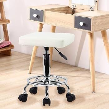 Square Rolling Stool with Foot Rest PU Leather Height Adjustable Spa Drafting Salon Tattoo Work Swivel Stools Task Chair Small