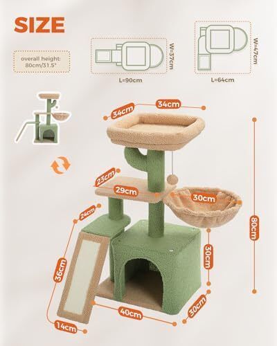 Road Cactus Cat Tree With Scratching Pad and Hammock Cat Tower With Condo, Small Cat Tower Comfy Basket For Indoor Cats, 80cm Green