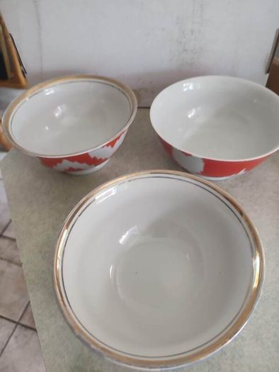 SET OF 3 BOWLES 2   Russian Gardner-style Ikat one red other one blue design Porcelain Tea Bowl AND ONE Vintage Uzbekistan red ikat soup bowl