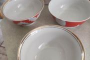 SET OF 3 BOWLES 2   Russian Gardner-style Ikat one red other one blue design Porcelain Tea Bowl AND ONE Vintage Uzbekistan red ikat soup bowl