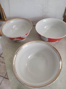SET OF 3 BOWLES 2   Russian Gardner-style Ikat one red other one blue design Porcelain Tea Bowl AND ONE Vintage Uzbekistan red ikat soup bowl