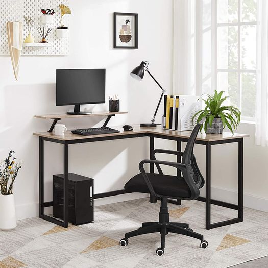 _L-Shaped Desk, Corner Table with Monitor Stand, for Studying, Playing, Working, Space Saving, Adjustable Feet, Metal Frame, Easy Assembly, Taupe and Black