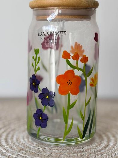 Hand-Painted Floral Glass Cup with Bamboo Lid and Straw