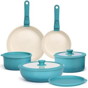 11Pcs Pots and Pans Set with Detachable Handle, Pans Set with Ceramic Non-Stick Coating, Induction Stackable Cooking Pots Set, Mobile Cookware Set