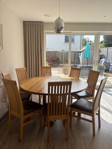 Solid Oak 160cm Round Dining Table and 8 Matching Leather Chairs Kilcroney Furniture