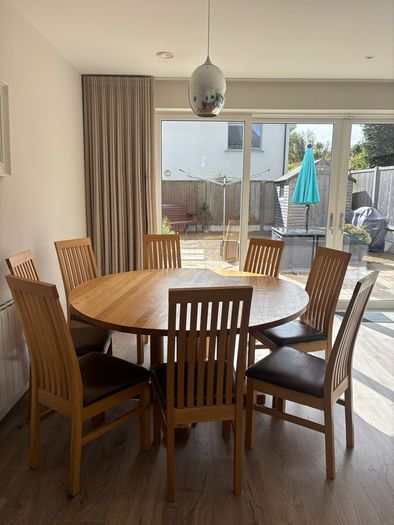 Solid Oak 160cm Round Dining Table and 8 Matching Leather Chairs Kilcroney Furniture