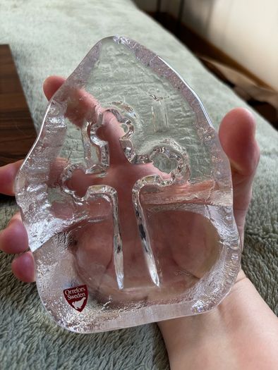 Vintage Orrefors Sweden Cross sculpture in crystal glass. Original sticker