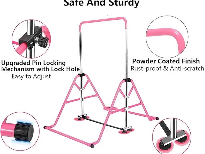 Gymnastics Bar for Kids, Junior Training Kip Horizontal Bar Gymnastics Equipment for Home, Adjustable Telescopic Height Folding Horizontal Bar with Gymnastic Rings for 3-12 Years Old Kids