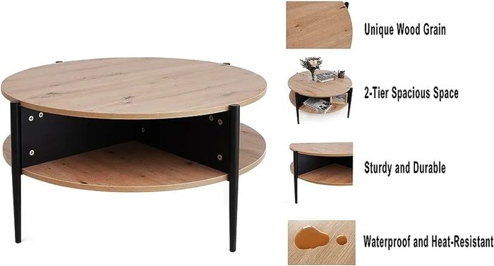 Wood Round Coffee Table With 2 Tier Storage Partitioned Shelf ...