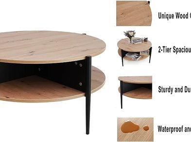 Wood Round Coffee Table With 2 Tier Storage Partitioned Shelf ...