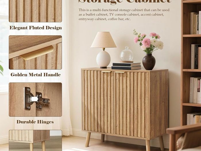 Sideboard, Buffet Storage Cabinet with Fluted Decorating, Sideboard Storage Cabinet with 2 Doors & Adjustable Shelf, Kitchen Cupboard for Living Room, Dining Room, 35 x 77 x 78 cm, Oak