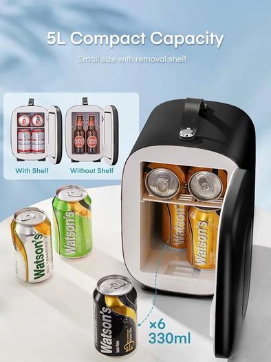 Mini Fridge Portable, 5 Liter/6 Cans Small Fridge Cooler & Warmer, Quiet, DC/AC Power, Cmpact Mini Fridge for Bedrooms, Office, Skincare, Car, Travel, Black