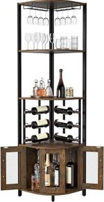 Corner Bar Cabinet with Glass Holder, 4 Tier Liquor Wine Cabinet with Metal Mesh Doors, Buffet Cabinet Wine Rack Cabinet with Anti-tip Kit for Home Coffee Bar Liquor and Wine Storage