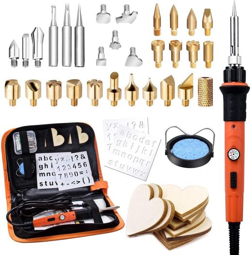 45 in 1 Wood Burning Pyrography Pen and Soldering Iron Kit, Wood Engraving Craft Kit with Pyrography Basics and 60W Adjustable Temperature Wood Burner Pen Tool for Carving with 31 Tips,Orange