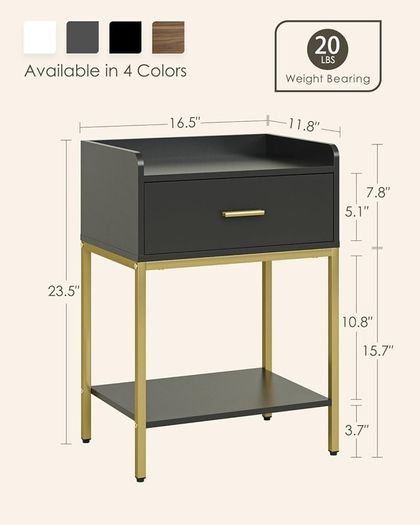 Bedside Table, 3-tier Modern Bedside Table with Storage Drawer and Shelf, Small Side Table for Bedroom, Living Room, Black