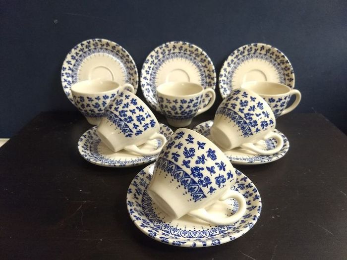 Vintage Blue and White Transferware Set of Six Espresso/Demi-Tasse Duos by English Ironstone Tableware
