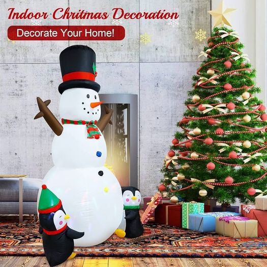 8FT Christmas Inflatable Outdoor Decorations, Christmas Inflatable Snowman with Two Penguins, Built-in Rotating LED Light for Outdoor Indoor, Garden, Patio, Lawn, Xmas Party
