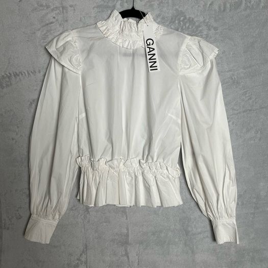 Ganni Cotton Poplin Blouse Sz 8UK 4US S White Ruffle Smock Classic Collar