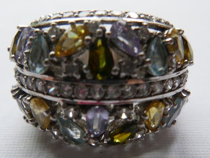 925 Silver Ring Pear Tourmaline Sapphire Natural Gemstone Jewelry Size P - 11,40g