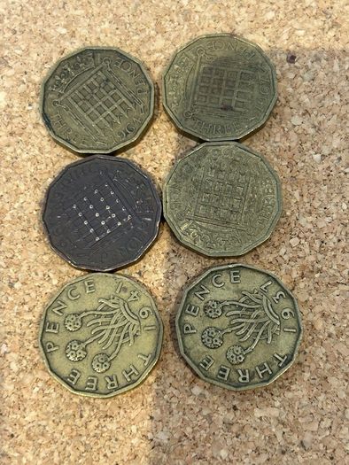 British threepence coins x 6 (threepenny bit)