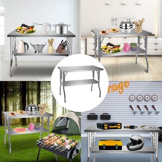 Single-Shelf Professional Stainless Steel Open Kitchen Folding Work Prep Tables Easy Storage for Home Commercial