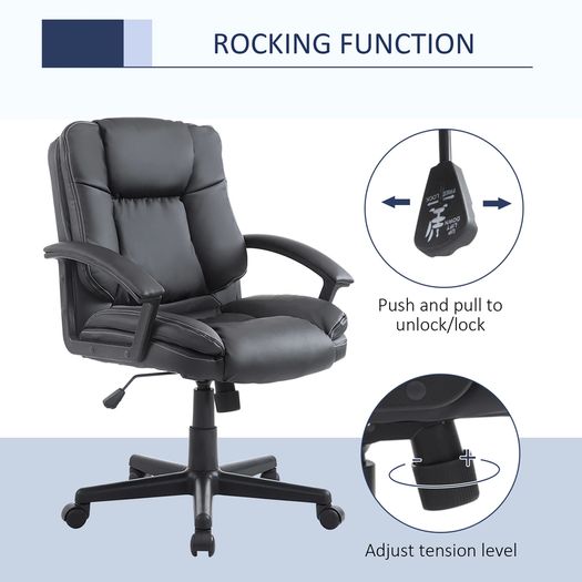 Mid Back Executive Office Chair - Faux Leather - Swivel Design - Black