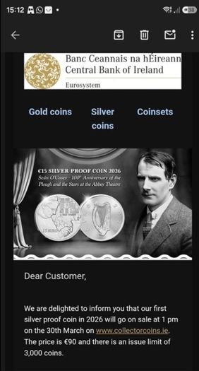 75X Jack B Yeats 10 Euro Silver Proof Coin 2012 From The Irish Central Bank Silver 1oz or 1 standard ounce coin.