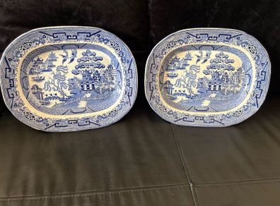 Vintage / Antique x2 Medium Size Blue Willow Oval Serving Platters