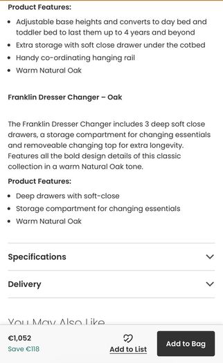 Franklin 2 Piece Cotbed Set with Dresser Changer - Oak