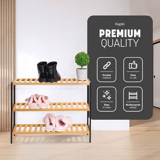 NEW SALE | 3 Tier Natural Bamboo Shoe Rack Easy Assembly & Strong Design Shelf Organiser Ideal for Bedroom,Bathroom,Hallway & Small Spaces Large Capacity Up to 12 Pairs of Shoes(55x70x25cm)