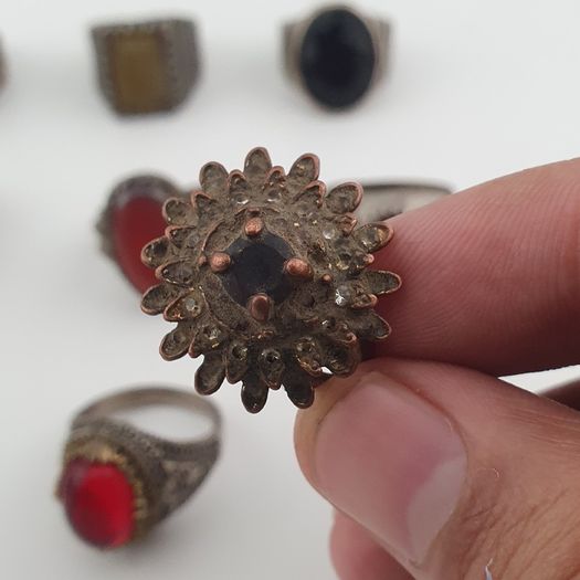 15 Antique Style Brass Rings Mixed Stone & Colourful Glass Accents