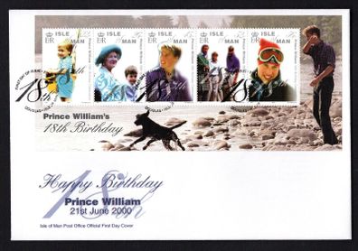 2000 Isle of Man 18th Birthday of Prince William Commemorative Stamps Miniature Sheet First Day Cover (FDC)