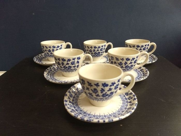 Vintage Blue and White Transferware Set of Six Espresso/Demi-Tasse Duos by English Ironstone Tableware