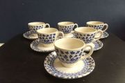 Vintage Blue and White Transferware Set of Six Espresso/Demi-Tasse Duos by English Ironstone Tableware