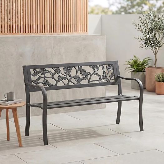 Steel Garden Bench, Rose Design 3 Seater Outdoor Furniture Seating Park Patio Seat