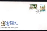 1991 Guernsey Bailiwick Views 21p King's Mills &amp; 26p Town Church Definitive Stamps First Day Cover (FDC)