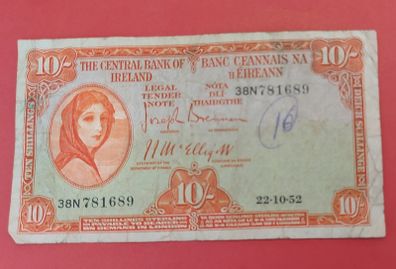 Irish 1952 Lavery ten shilling banknote in Fine  condition