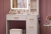 Dressing Table with Mirror and Stool: Vanity Desk with Mirror and Drawers - Makeup Desk with Jewellery Storage, Vanity Dressing Table with LED Lights, Brightness Adjustable, 3 Open Storage Areas