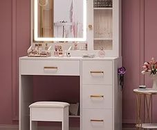 Dressing Table with Mirror and Stool: Vanity Desk with Mirror and Drawers - Makeup Desk with Jewellery Storage, Vanity Dressing Table with LED Lights, Brightness Adjustable, 3 Open Storage Areas