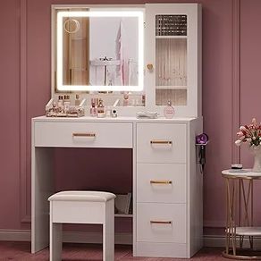 Dressing Table with Mirror and Stool: Vanity Desk with Mirror and Drawers - Makeup Desk with Jewellery Storage, Vanity Dressing Table with LED Lights, Brightness Adjustable, 3 Open Storage Areas