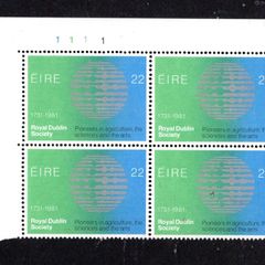 1981 Ireland Anniversaries Royal Dublin Society (RDS) 1731-1981 Commemorative Stamps Plate Block 1111 Mint Never Hinged (MNH)