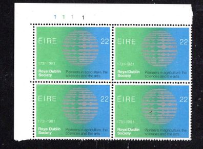 1981 Ireland Anniversaries Royal Dublin Society (RDS) 1731-1981 Commemorative Stamps Plate Block 1111 Mint Never Hinged (MNH)