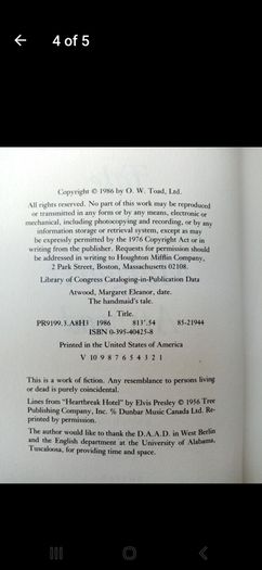 The Handmaids's Tale (1st Edition 1986) - Margaret Atwood - Dystopian Fiction Book