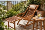 Sun Lounger Foldable Weatherproof Wooden Footrest Cushion 160kg Load Capacity