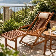 Sun Lounger Foldable Weatherproof Wooden Footrest Cushion 160kg Load Capacity