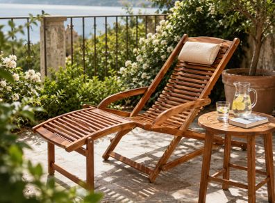 Sun Lounger Foldable Weatherproof Wooden Footrest Cushion 160kg Load Capacity