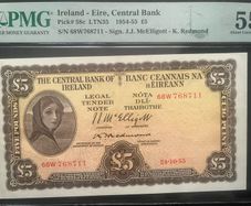 Ireland Lady Lavery 1955 5 Pound PMG 55 AUNC Banknote